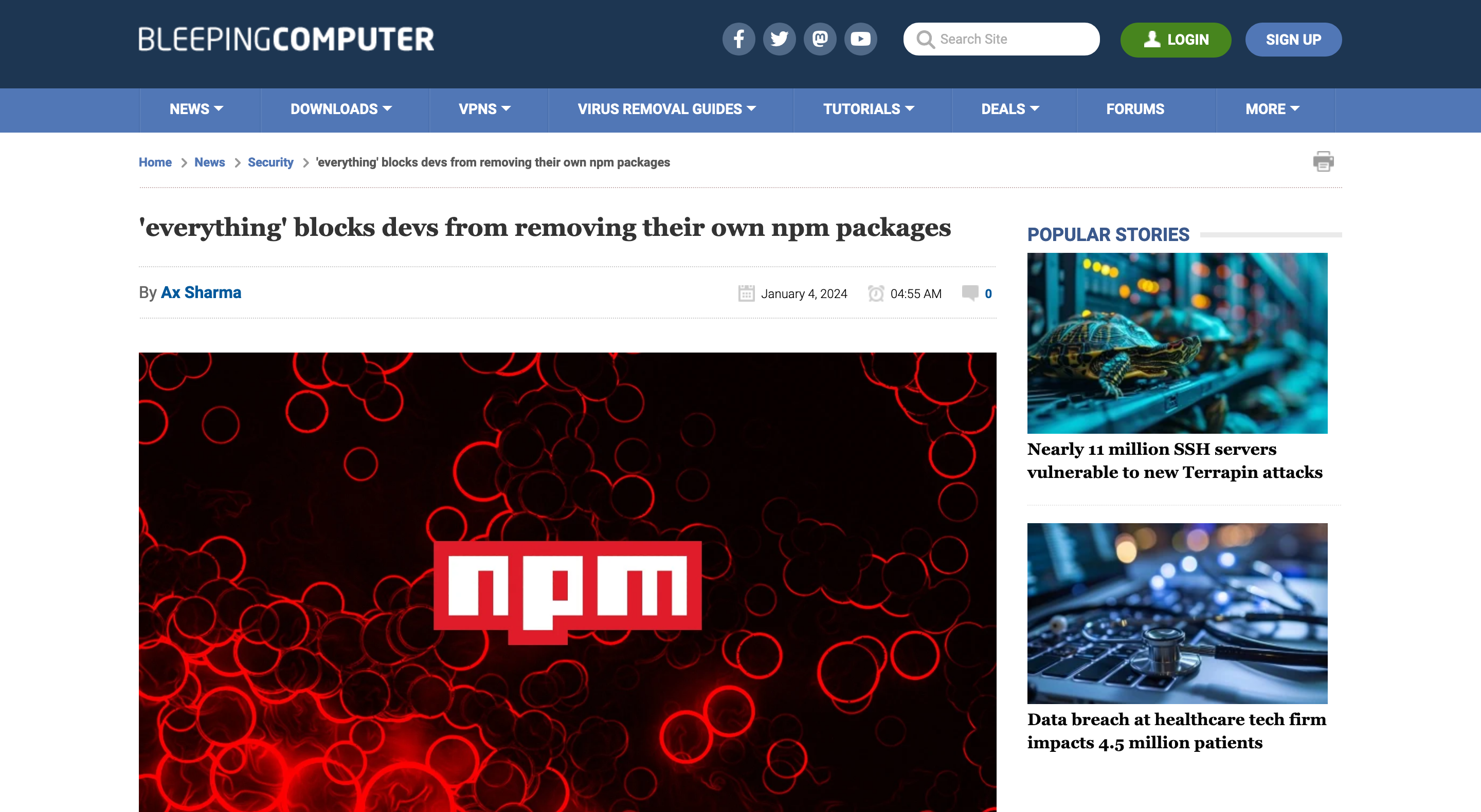 Screenshot of BleepingComputer's article titled 'everything blocks devs from removing their own npm packages'
