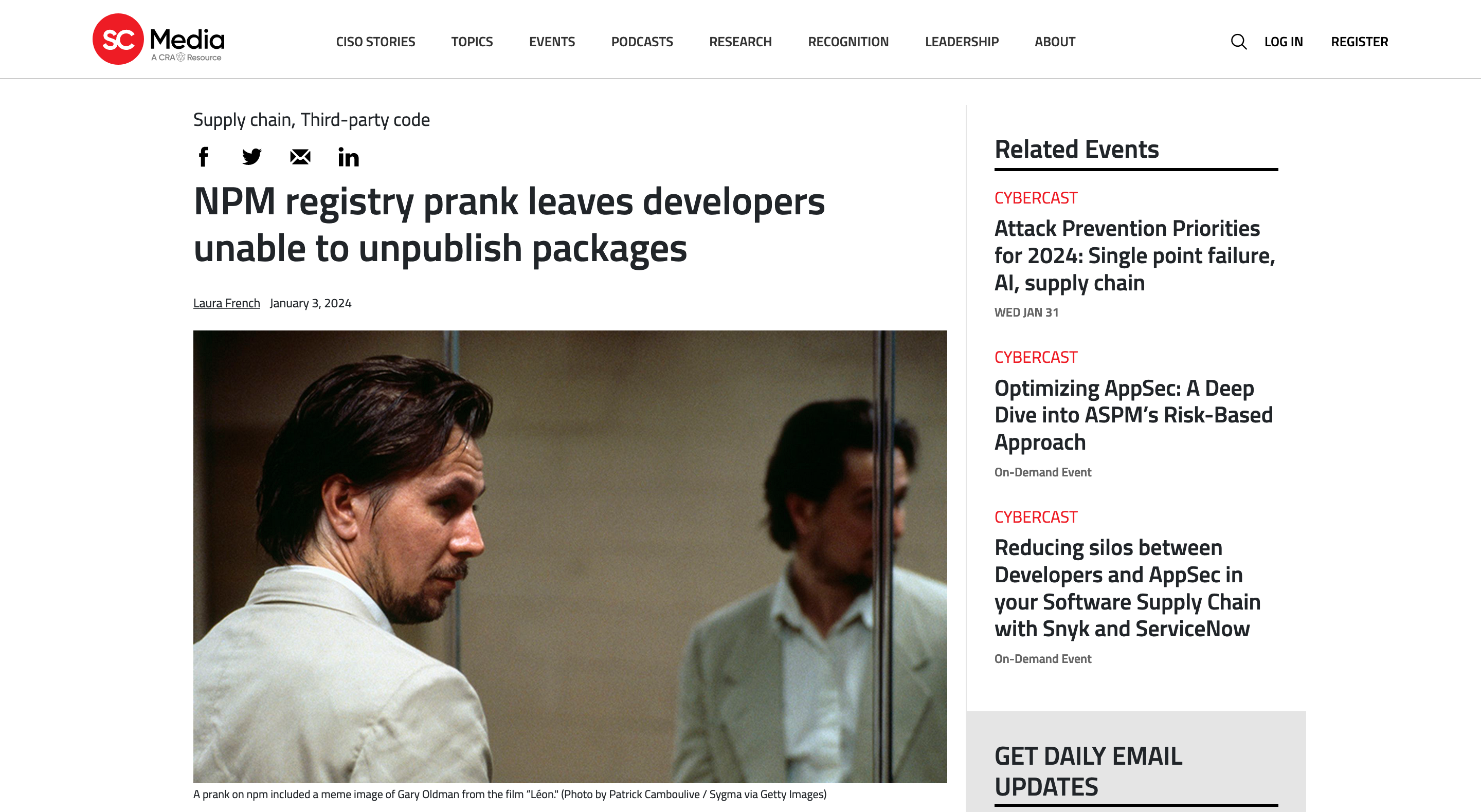 Screenshot of SC Media's article titled 'NPM registry prank leaves developers unable to unpublish packages'