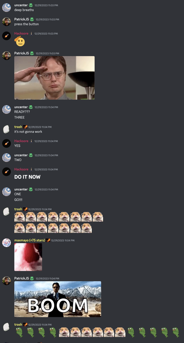 Screenshot of chat messages in a Discord channel counting down before I triggered the workflow to publish our packages