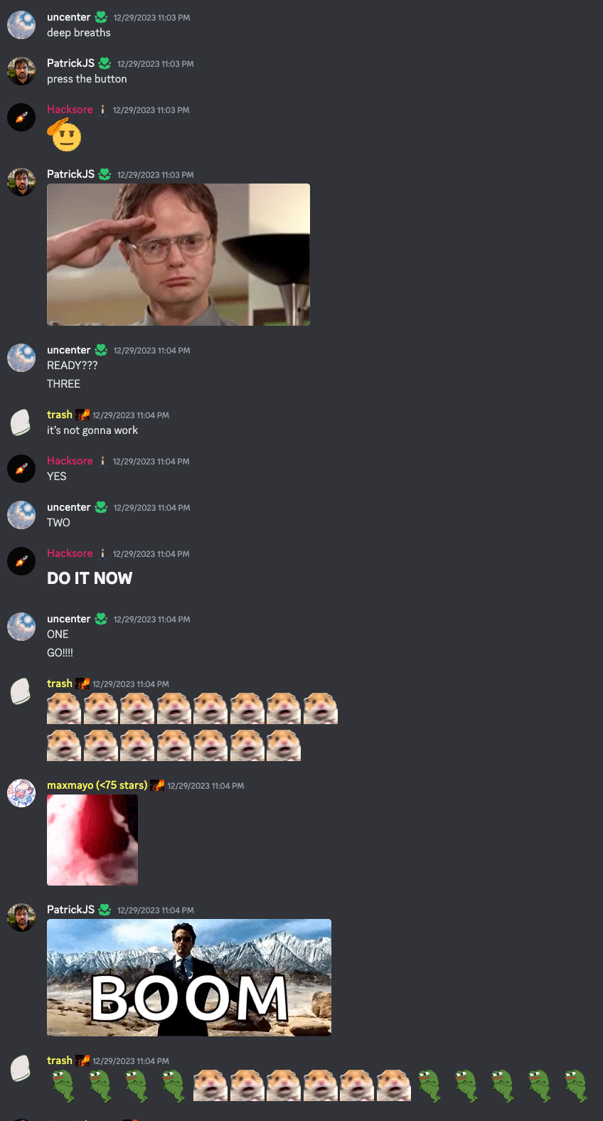 Screenshot of chat messages in a Discord channel counting down before I triggered the workflow to publish our packages