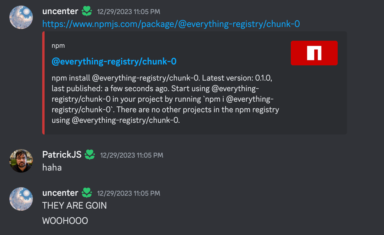 Screenshot of Discord chat messages where I sent the link of the first chunk package on NPM followed by excited reactions