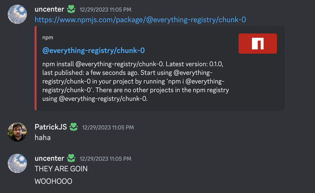 Screenshot of Discord chat messages where I sent the link of the first chunk package on NPM followed by excited reactions