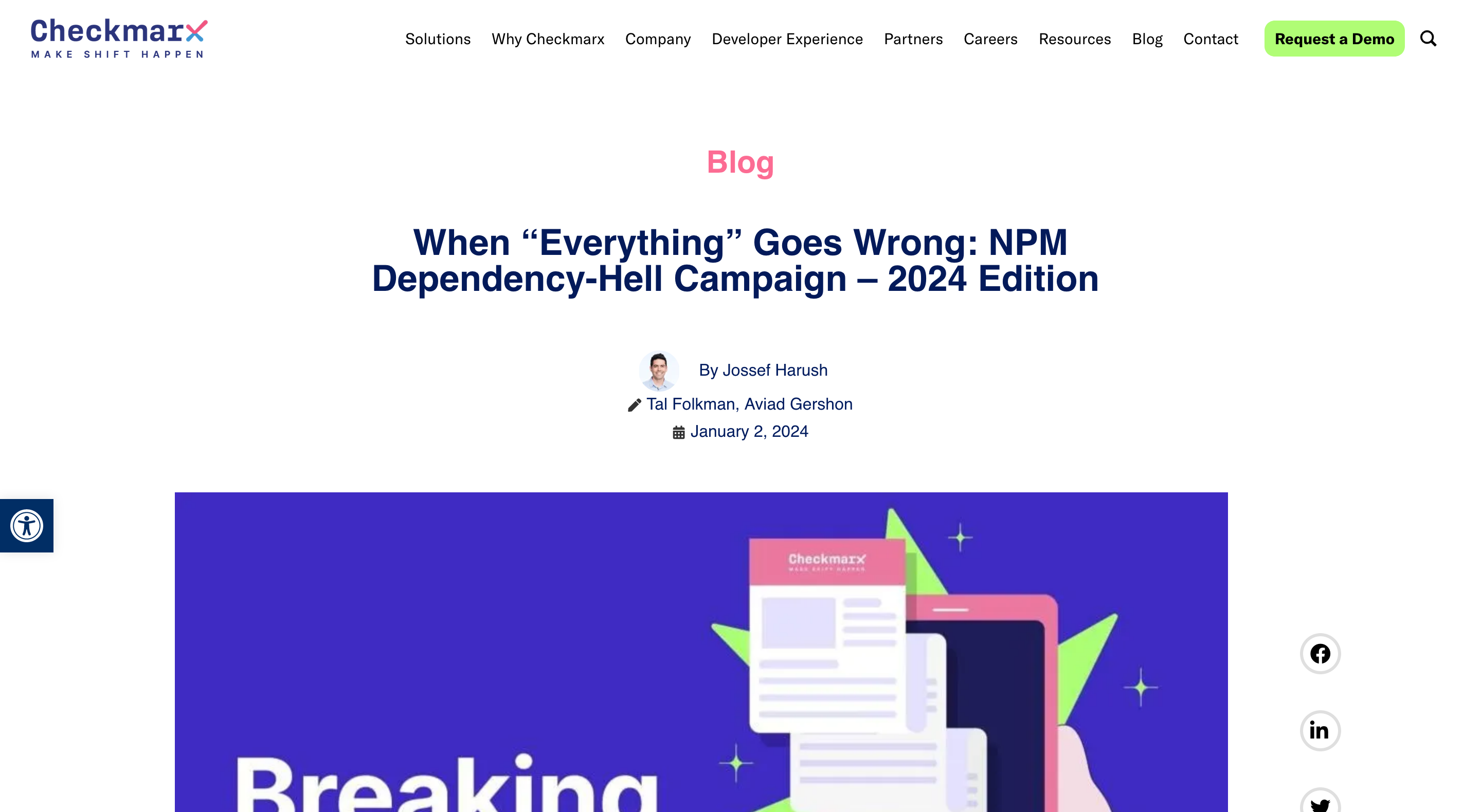 Screenshot of Checkmarx's article titled 'When Everything Goes Wrong: NPM Dependency-Hell Campaign - 2024 Edition'
